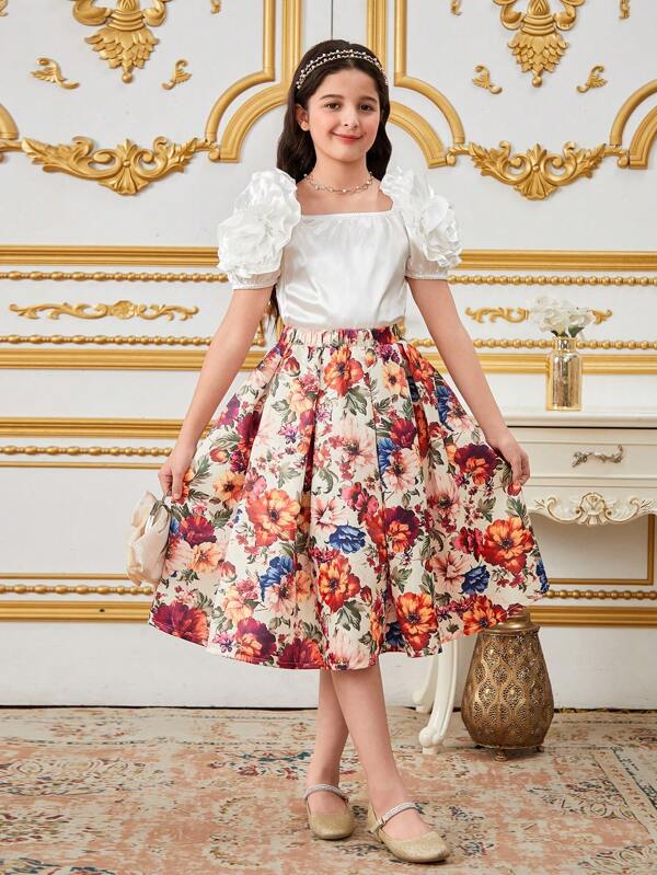 SHEIN Tween Girl Elegant Party 3D Flower Puff Sleeve Top & Floral Print Skirt 2 Pieces Set