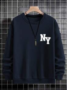 SHEIN Cottnline Men's Casual Letter Applique Round Neck Long Sleeve Pullover Sweatshirt - Navy Blue - View 6