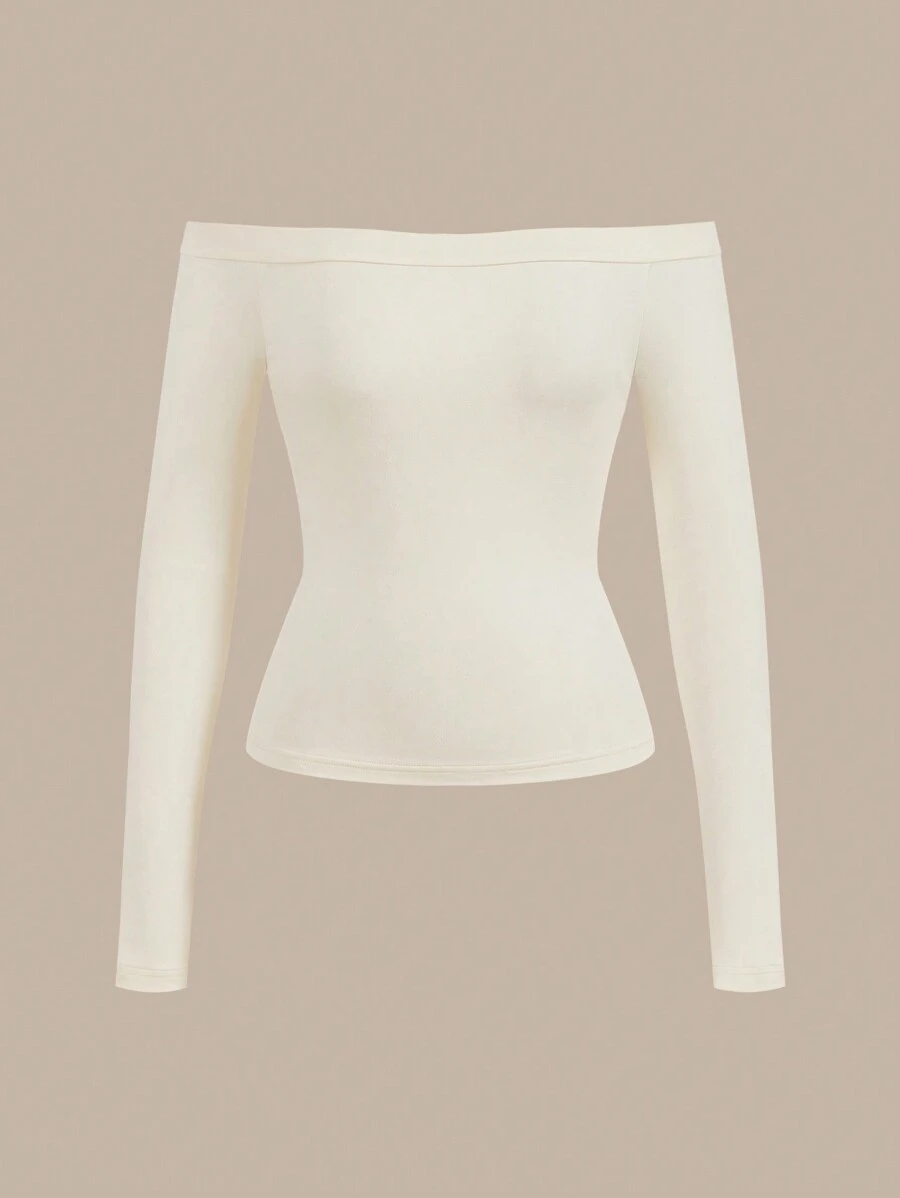 SHEIN BASICS 女士休闲纯色针织露肩长袖修身衬衫 - 杏色 - 查看 1