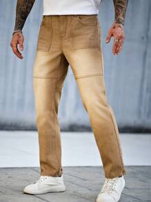 Manfinity Homme Quần Jeans Ống Đứng Túi Đơn Giản Cho Nam, Mặc Hàng Ngày - Màu Khaki - Xem 3