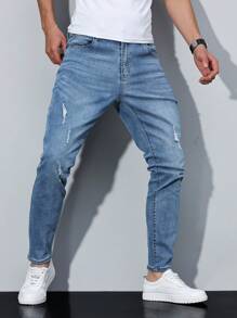 Manfinity Homme 男式休闲破洞锥形洗水牛仔裤 - 淺色水洗藍 - 查看 6