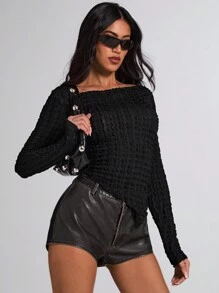 SHEIN BAE Áo thun dài tay đơn giản dệt kim màu đen họa tiết xếp ly viền bất đối xứng dành cho nữ, thích hợp cho các buổi đi chơi thời trang, đi chơi, áo dài tay, lễ hội âm nhạc, tiệc hóa trang, áo thun Grunge, hòa nhạc, quần áo lễ hội - màu đen - Xem 4