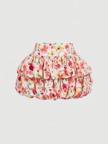 SHEIN MOD 浪漫彩色花朵双层泡泡裙，度假裙，女式春节服装，热带优雅，女式花卉外出服装，女式复活节服装，沙滩装，女式茶会服装，女式波西米亚服装