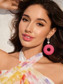 SHEIN VCAY Handmade Bohemian Raffia Dangle Earrings With Faux Pearl For Valentine's Day