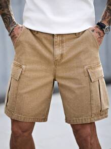 Manfinity Homme Men's Casual Washed Khaki Cargo Denim Shorts - Khaki - View 6