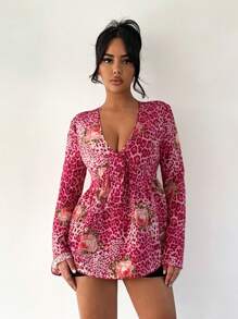 SHEIN SXY 女士豹纹和花卉印花喇叭袖休闲度假衬衫，情人节，玫瑰，情人节服装，女士衬衫，长袖，女士度假服装，猎豹印花， - 彩色 - 查看 2