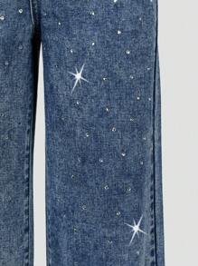 SHEIN Explorewe Tween Girl Casual Loose Grey Rhinestone Wash Wide Leg Jeans - Dark Wash - View 5