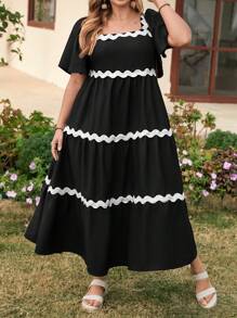 SHEIN LUNE Wave-Patterned Contrast Color Flowy Ruffle Sleeve Long Dress, Plus Size Boho Cowgirl Outfit Old Money Festival Bohemian Western Wear Women Hippie Summer Boho Old Money Summer Outfits For Women Spring Break Rave Outfits Festival Spring Break Outfits - Black and White - View 5