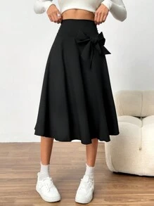 Elegant Minimalist Black Woven Skirt With Detachable Bow Decoration For Teenage Girls, High Waist Design Suitable For Spring And Summer, Versatile To Match Blouse, T-Shirt, Polo Shirt, Great For Valentine's Day,Holiday,Summer,Travel - Black - View 5