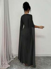 Rafferiza Vestido rojo elegante y de fiesta de chifón transparente con cuello cuadrado y detalles de rhinestone, tejido elástico, para otoño/invierno - Negro - Ver 2