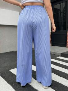 SHEIN EZwear Plus Size Blue Striped Woven Straight-Leg Pants - Blue and White - View 2