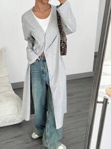 SHEIN EZwear 女士灰色针织长款休闲宽松薄外套，春季新品 - 灰色 - 查看 6