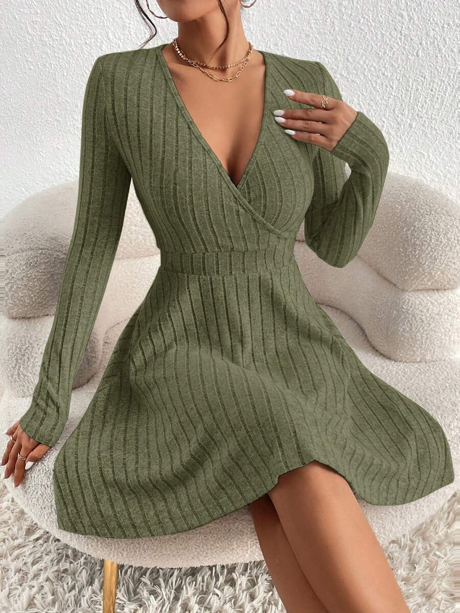 SHEIN Essnce Casual Solid Ribbed Knit Long Sleeve Dress, Autumn - Army Green - View 1