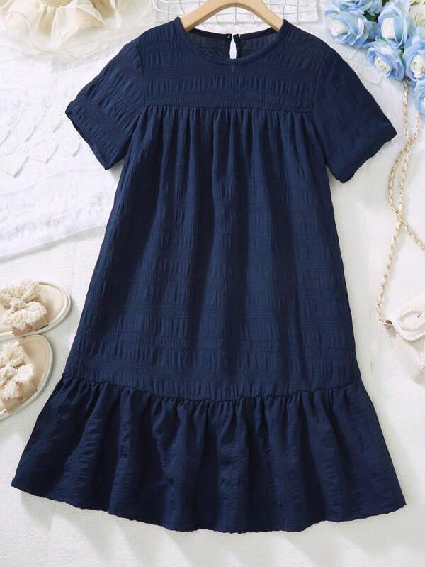 Tween Girl Pink Textured Fabric Comfortable Casual Loose Vacation Dress,Holiday Summer Travel