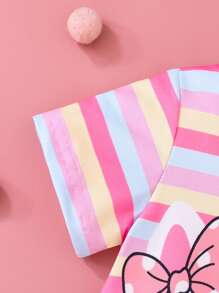 SHEIN Baby Girl Infant Toddler 0-3Y Spring/Summer New Cute Cartoon Bow Kitten Colorful Striped Crew Neck Tee Shirt Top, Versatile Casual - Multicolor - View 4