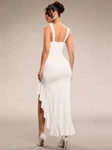 SHEIN BAE Elegant Sexy Women's Lace Patchwork High Slit Ruffle Hem Dress, Suitable For Girlfriend Gathering, Party, Spring Outing, Romantic Vacation