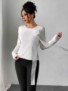 Chiquease Women's Elegant Solid Color 3D Flower Draped Sweater, Autumn/Winter Knit Pullover Fall - White - View 3