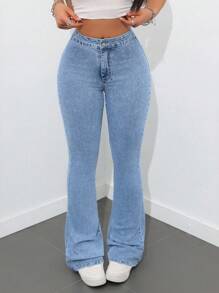 SHEIN Tall Women High Waist Stretchy Flare Jeans With Front Button, Slim Fit - Light Wash - View 3