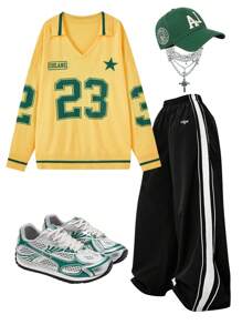 Muchica Women's Number Game Day Graphic Polo Jersey Sweater - Yellow - View 3