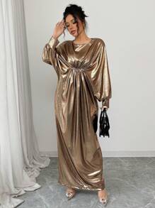 Calvaya Vestido ajustado elegante y sexy de mujer con cuello redondo, manga larga, plisado en la cintura y unicolor