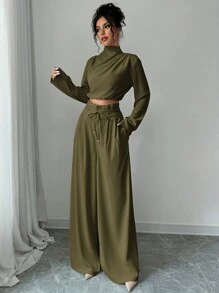 Firerie 女款绿色优雅叠领衬衫上衣阔腿裤两件套，轻盈舒适长裤套装，不对称无袖上衣两件套，教师节两件套，通勤长袖上衣两件套，女士两件套，优雅通勤休闲度假两件套 - 軍綠色 - 查看 5