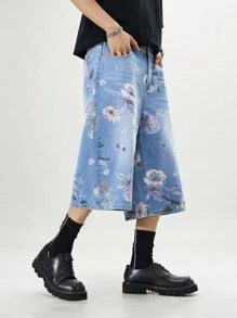 ROMWE MEN Street Life Men's Floral Front Button Pocket Floral Print Casual Denim Jeans For Summer Vacation