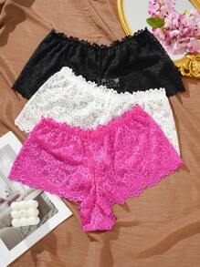 Set de 3 piezas de ropa interior elegante de encaje de unicolor para tallas grandes