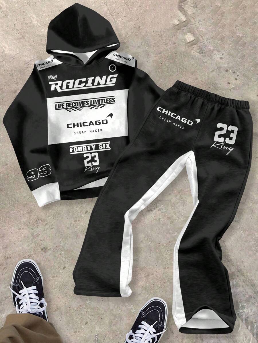 SHEIN Racing Teen Boy 2 Pieces Set, Casual Loose Hoodie Sweatshirt And Sweatpants - Multicolor - View 1