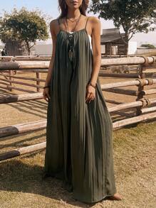 DAZY Summer Beach Chiffon Solid Color Loose Jumpsuit For Women - Army Green - View 1