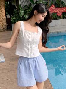 DAZY Maieu de damă, ocazional, de vacanță, boemă, de culoare solidă, cu textura legată, plisată, decupată, pentru vară - alb - Vizualizare 7