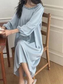 DAZY Satin Ruffle Neck Lantern Sleeve Nightgown, Sweet Pajama - Blue - View 4