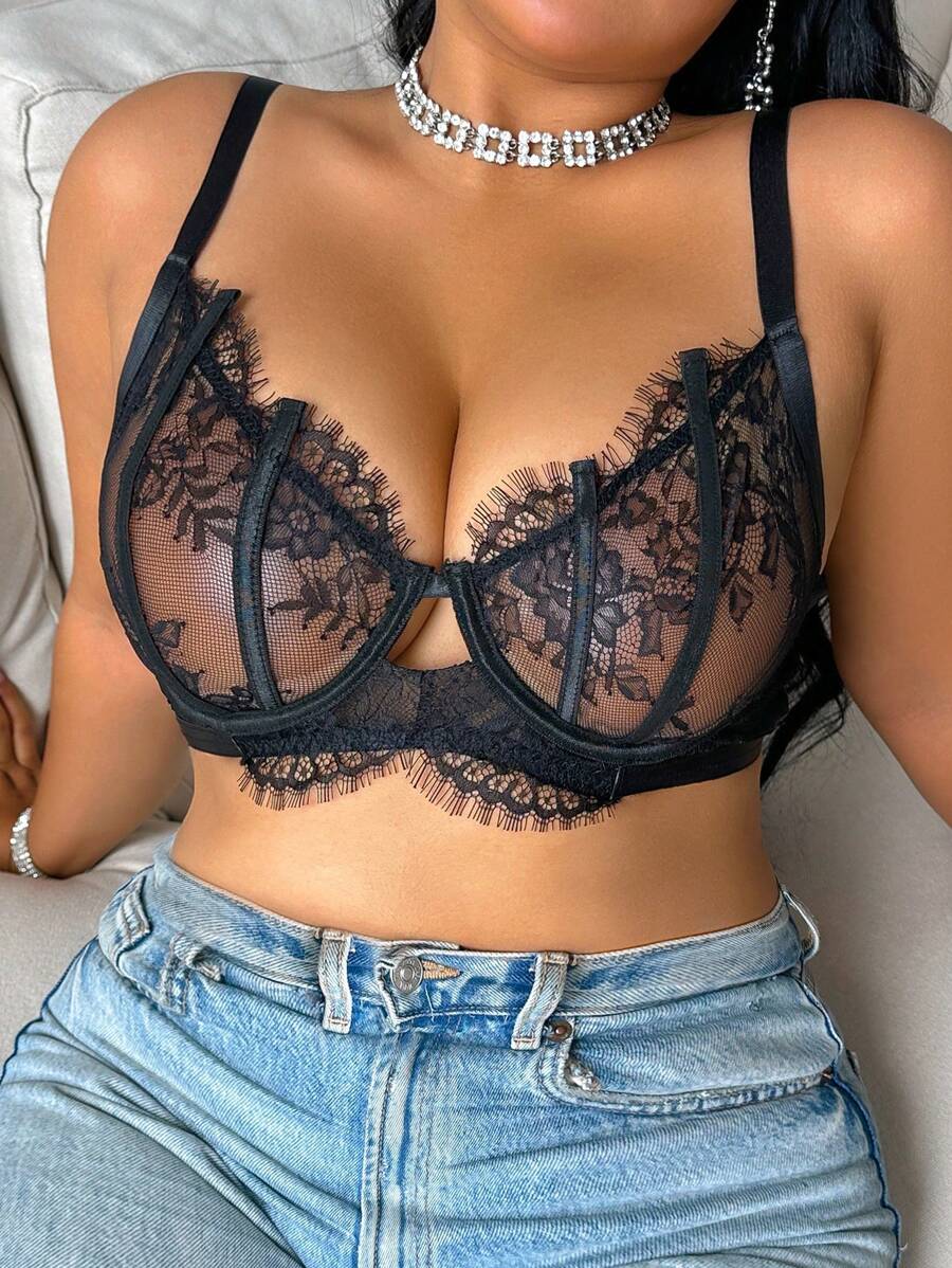 Snug Zone Große Größen Vintage Volldeckung Sexy BH mit Draht, romantische französische Kontrastspitze, Alltagstragen Sexy Wäsche, Lift - Schwarz - Übersicht 1