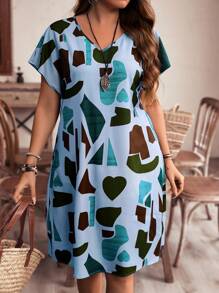 EMERY ROSE Vestido de manga murciélago con estampado completo de talla grande para uso casual en verano