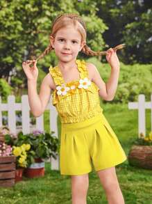 2pcs/Set Young Girl 3D Floral Decor Plaid Print Camisole & Casual Shorts Set, Sweet Style Suitable For Play & Holiday, Summer - Yellow - View 4