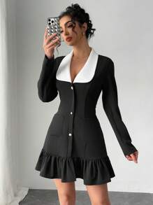 Chiquease Basic Black & White Contrast Pearl Button Decor Long Sleeve Mini Dress For Women - Black and White - View 4