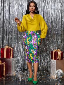 SHEIN Lady 紫色缎面衬衫和非洲图腾印花女士套装和镂空服装感恩节女装秋装非洲连衣裙两件套秋季服装化妆舞会礼服女士套装 - 黃色 - 查看 6