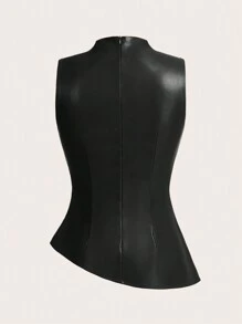 Siren Gaze 女士休闲时尚90年代街头拍摄春秋季纯色褶皱领PU背心，无袖上衣，外出上衣，秋季女士上衣优雅黑色夏季 - 黑色 - 查看 3