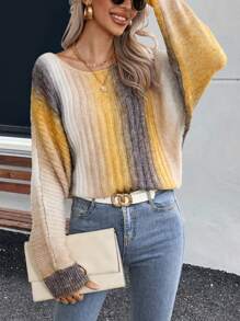 SHEIN LUNE Ombre Batwing Sleeve Sweater - Mustard Yellow - View 6