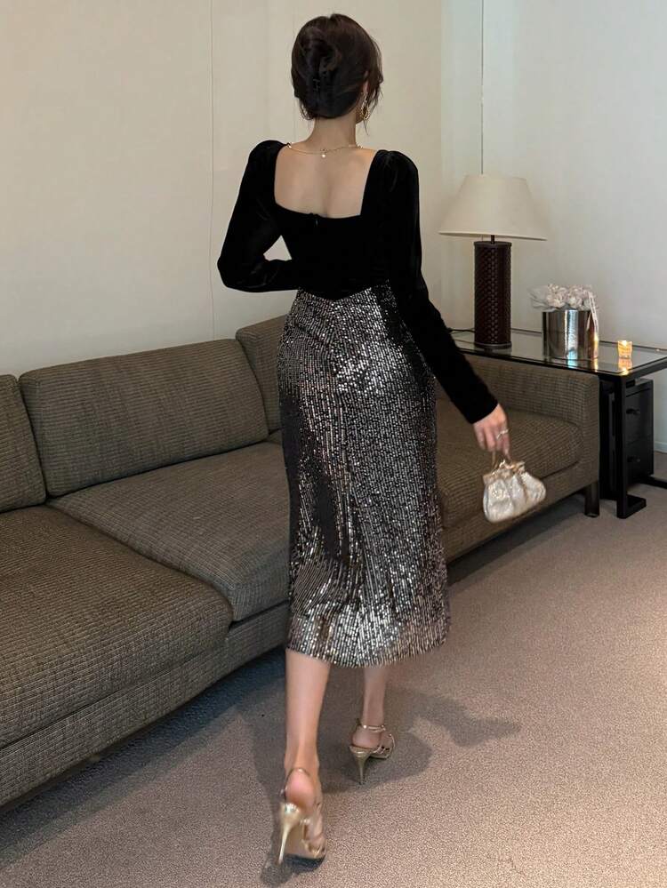 Vestido de manga abullonada de cuello cuadrado de largo medio con bloques de color para mujer, vestido de fiesta, vestido de otoño para baile de graduación, vestido de manga larga, vestido de lujo con lentejuelas elegante para mujeres, vestido de Año Nuevo, vestido brillante de carnaval