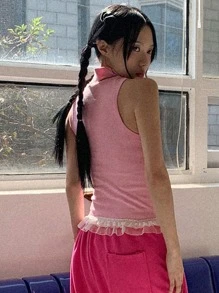 DAZY 女士纯色蕾丝下摆高领无袖背心，春夏 - 粉色 - 查看 2