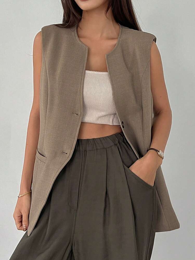 Women's Solid Color Front Button Sleeveless Blazer Business Attire