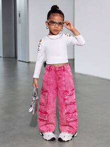 SHEIN Girls Loose Straight Leg Jeans, Pink - Pink - View 7