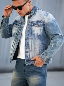 Manfinity Homme 男士前扣长袖口袋简约休闲牛仔夹克 - 淺色水洗藍 - 查看 4