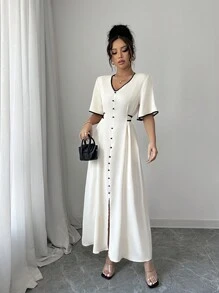 Elenzga Women's New Spring/Summer Design Sense Apricot Contrast Black V-Neck, Ruffled Sleeves, Contrast Drawstring Belt, A-Line Silhouette, Slimming, Slit, Casual Holiday, High-End Elegant Elegant Dress - Apricot - View 4