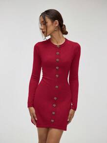 Forever 21 黑色罗纹紧身连衣裙，适合商务休闲，秋冬女士毛衣连衣裙 - 酒紅色 - 查看 5
