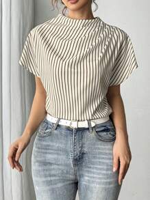 Selianne Áo sơ mi sọc tay ngắn cổ lọ thanh lịch cho nữ, thiết kế xếp ly, đồ bảo hộ lao động, tối giản - Màu be - Xem 4