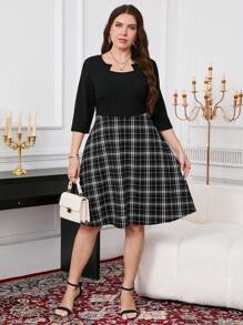 SHEIN Clasi Plus Size Plaid Print Elegant Zipper Closure Dress - Multicolor - View 3