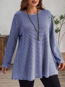 EMERY ROSE 大码外出上衣女士休闲条纹印花长袖宽松 T 恤，女士冬季服装