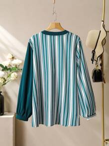 Lacomfia Plus Size Women Contrast Color Block Striped Loose Casual Rhinestone Decorated Shirt Fall Cloth For Women - Green - View 2