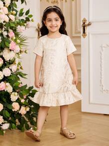 Glamorique Kids Young Girl Elegant Textured Gold Thread Jacquard Dress, Designed With Exquisite Details & Luxurious Fabric, Suitable For Special Occasions & Celebrations To Showcase Young Girl Graceful Elegance And Warm Family Atmosphere